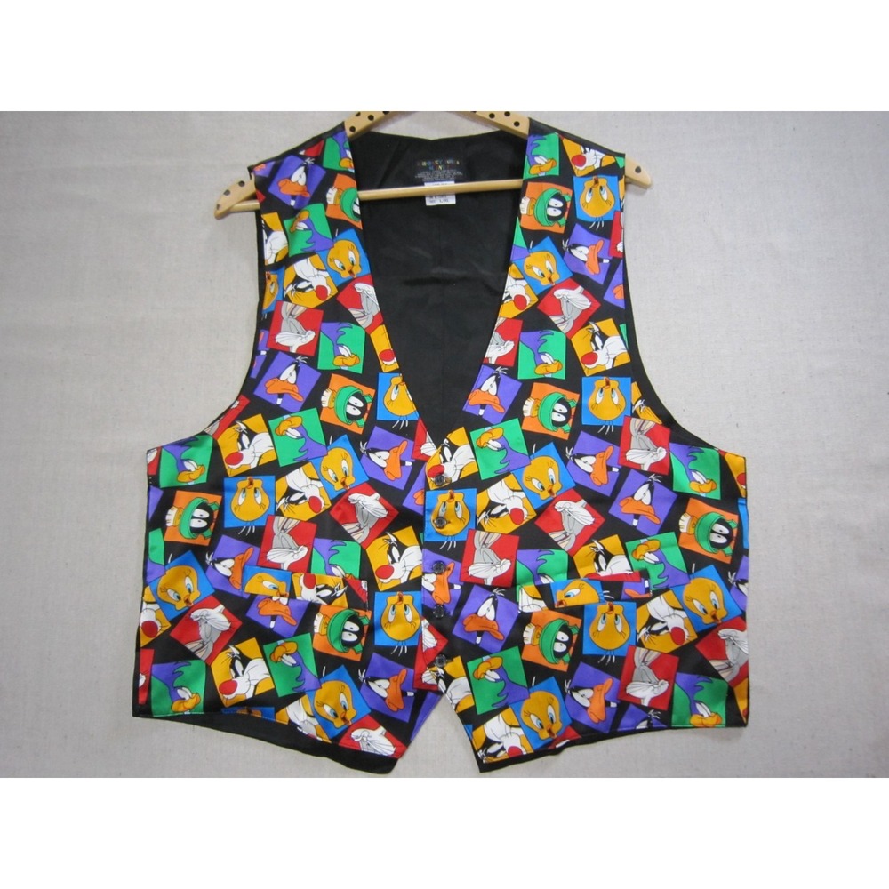 VTG 1993 Warner Bros Looney Tunes Mania 100% Silk Vest Size L/XL All over Print